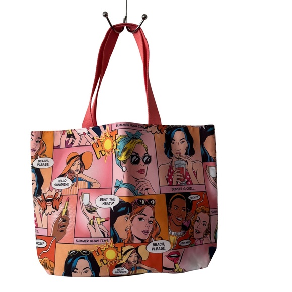 Estee Lauder Handbags - LARGE Estée Lauder Comic Print Tote Bag w/pink Handles, w/polka dot lining